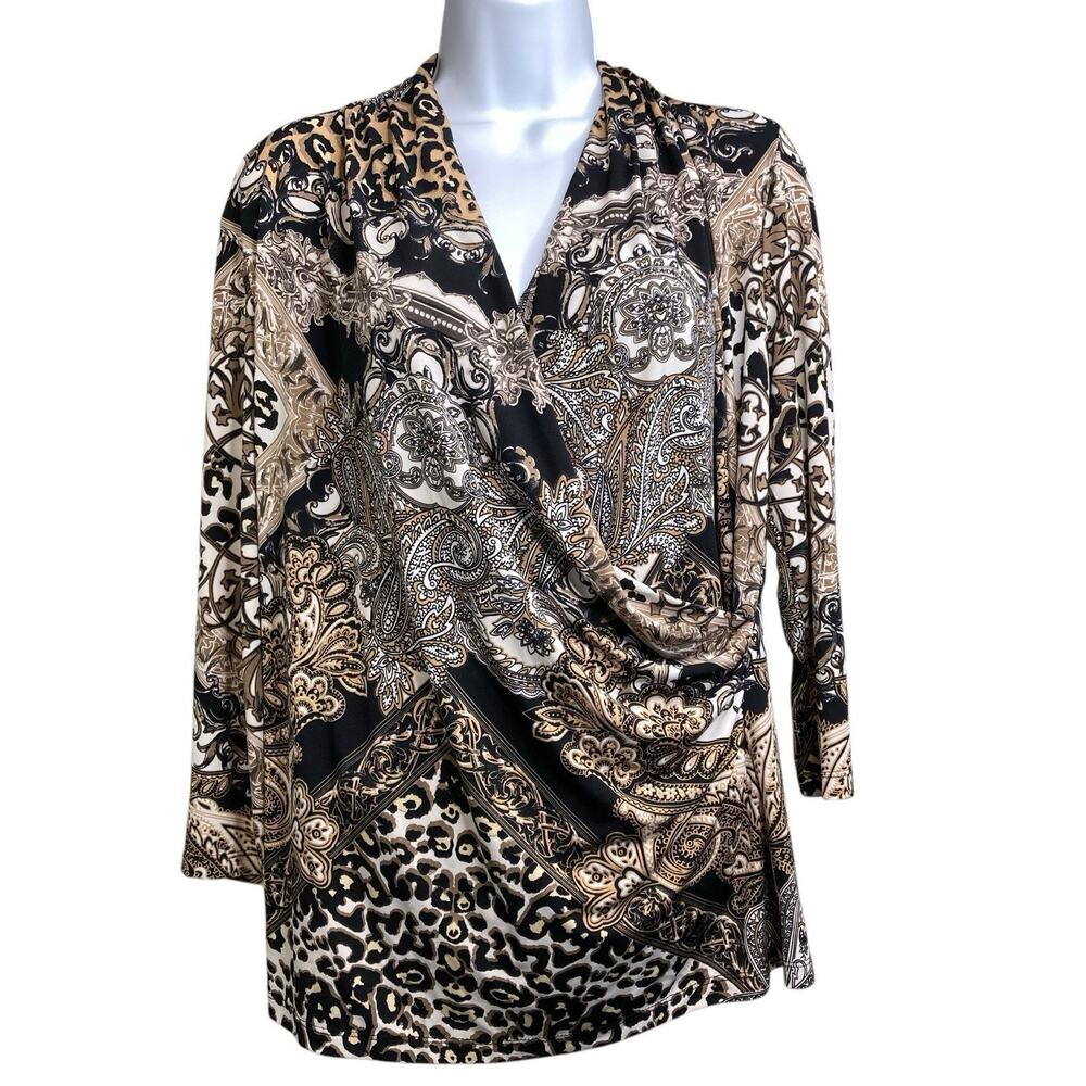 Chico's Brown Statement‎ Print Faux Wrap Top Size 2 Large Mob Wife Cheetah Glam